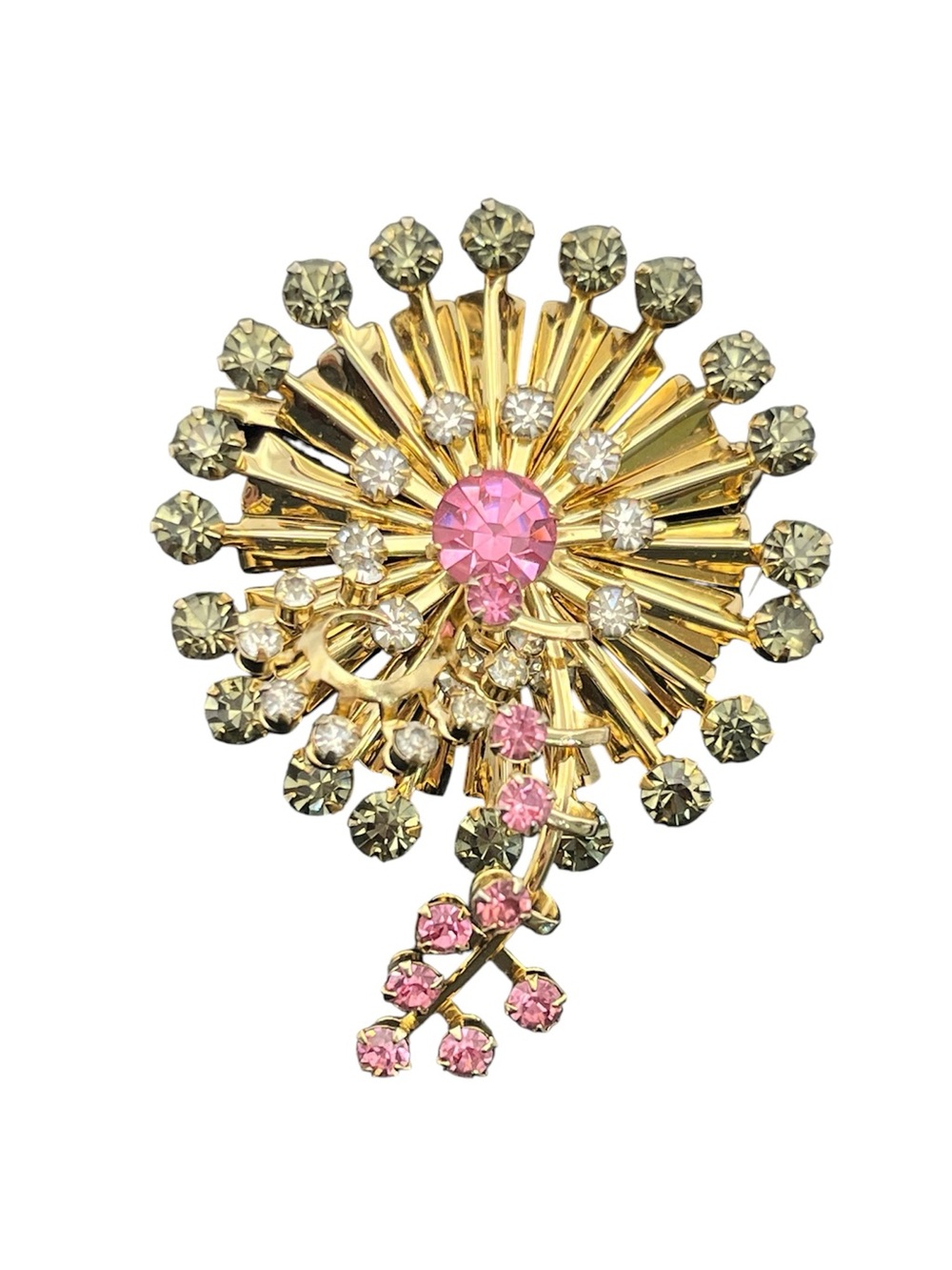 Starburst gold tone pink & grey rhinestone vintage brooch pin